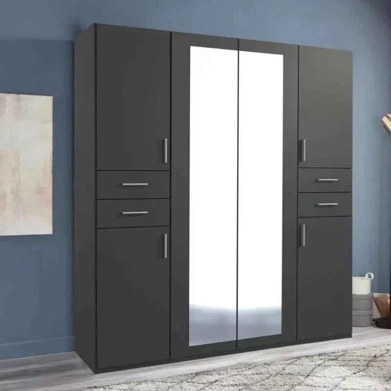 FENTON 6 Door 4 Drawers Mirrored Wardrobe Finish Graphite 180cm