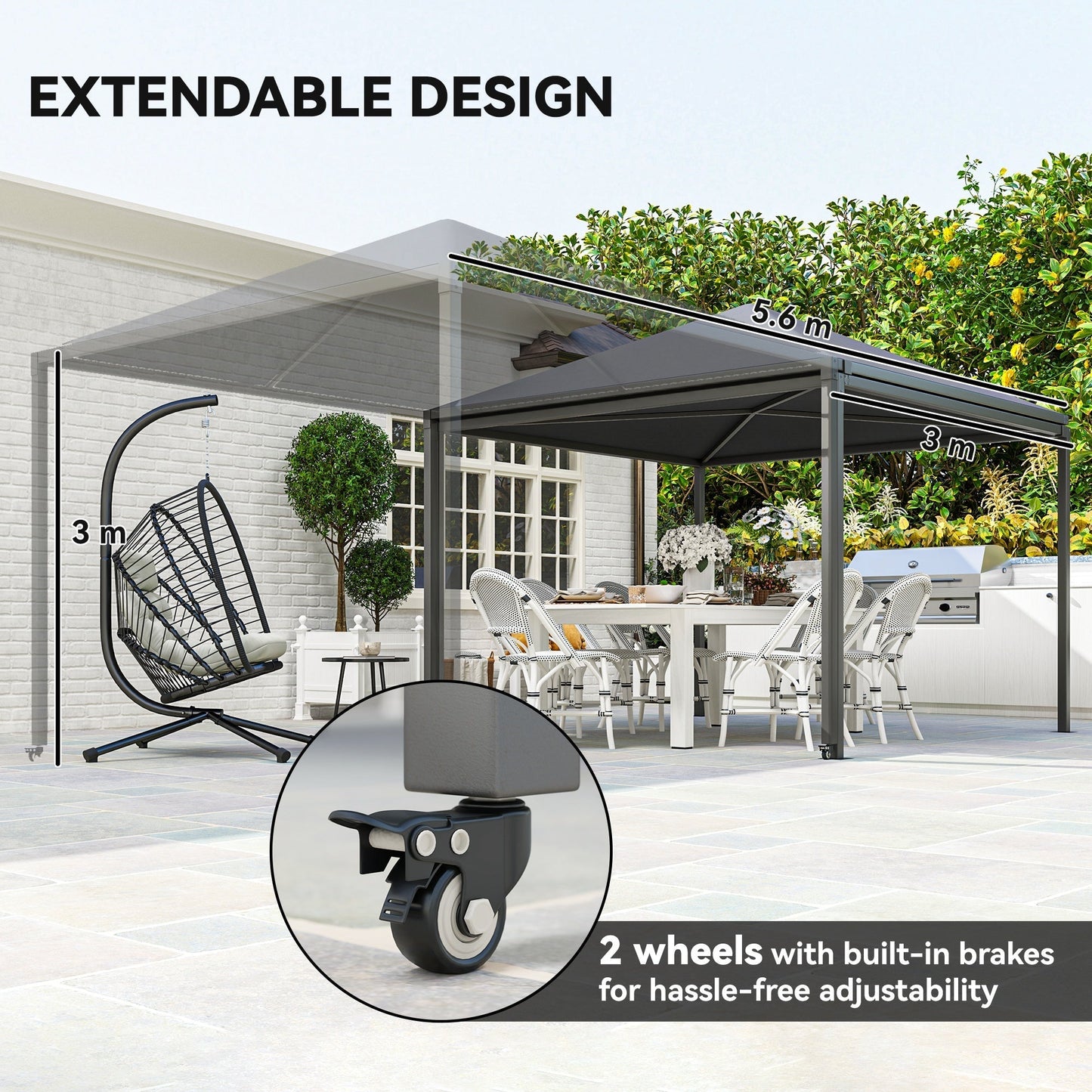Outsunny 3 x 6m Garden Gazebo with Extendable Awning and Wheels,√Ç UPF30+ Outdoor√Ç Metal Gazebo√Ç Canopy√Ç Shelter√Ç for BBQ, Event, Party