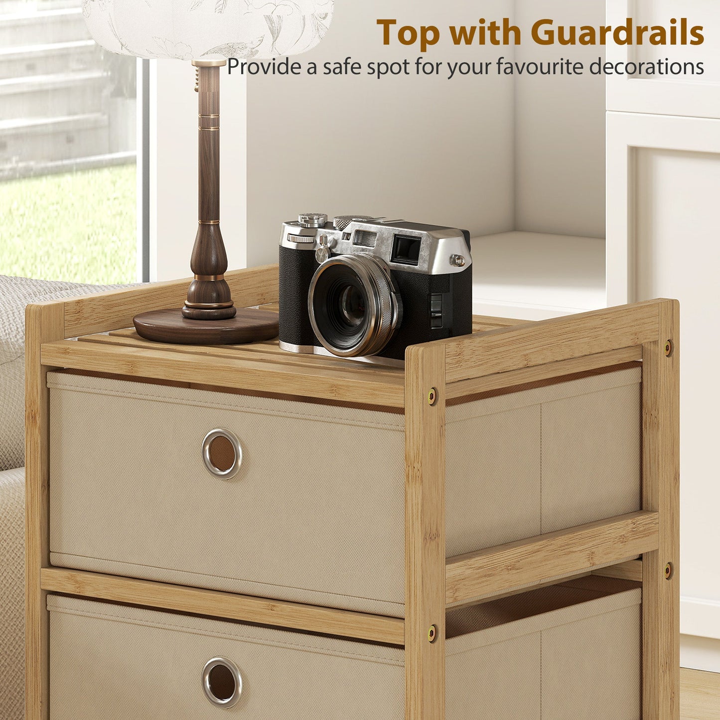 HOMCOM Chest of Drawers, 3 Fabric Drawers Narrow Dresser with Bamboo Frame, Cream White