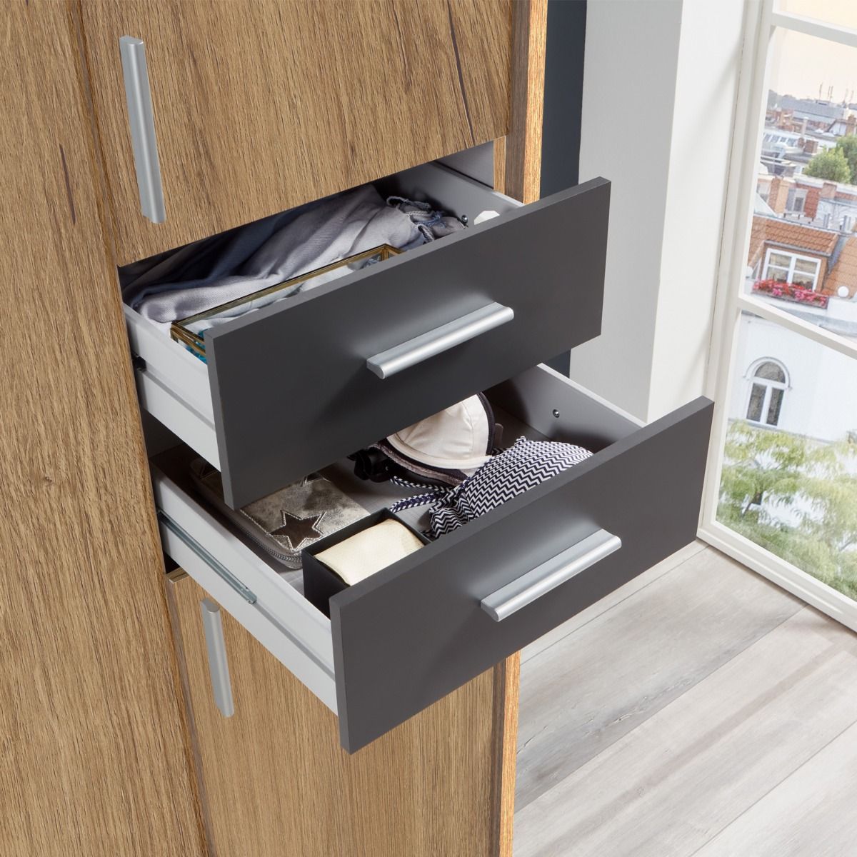 FENTON 6 Door 4 Drawers Mirrored Wardrobe Finish Oak and Graphite 180cm