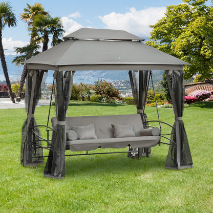 Outsunny 3 Seater Swing Chair 3-in-1 Convertible Garden Swing Seat Bed Gazebo Patio Bench Outdoor with Double Tier Canopy, Cushioned Seat, Mesh Sidewalls, Grey