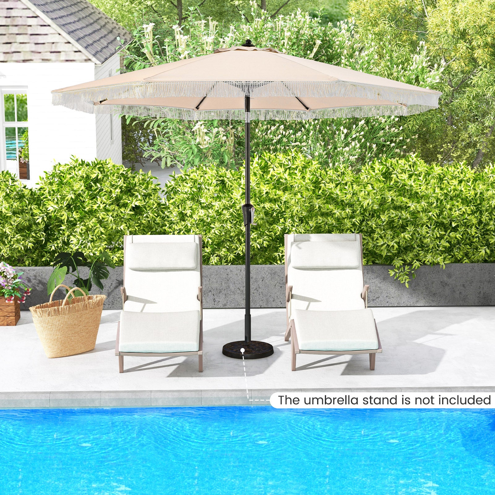 9 FT Patio Umbrella with Fringe Tassel Umbrella with Tilt and Crank-Beige