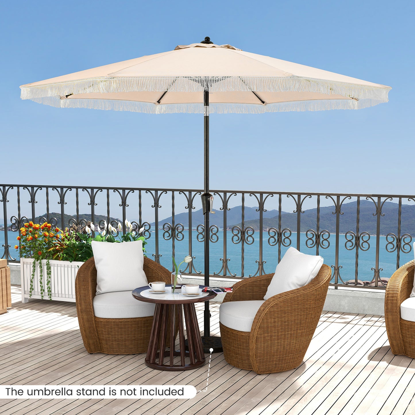 9 FT Patio Umbrella with Fringe Tassel Umbrella with Tilt and Crank-Beige