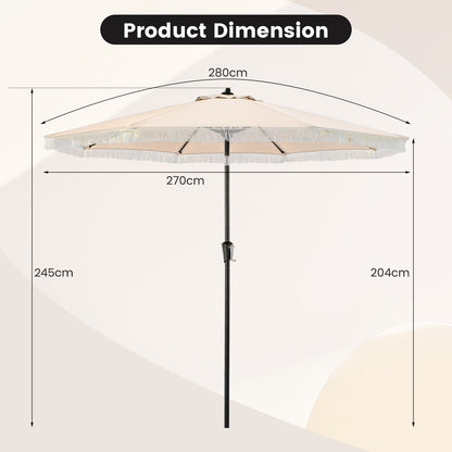 9 FT Patio Umbrella with Fringe Tassel Umbrella with Tilt and Crank-Beige