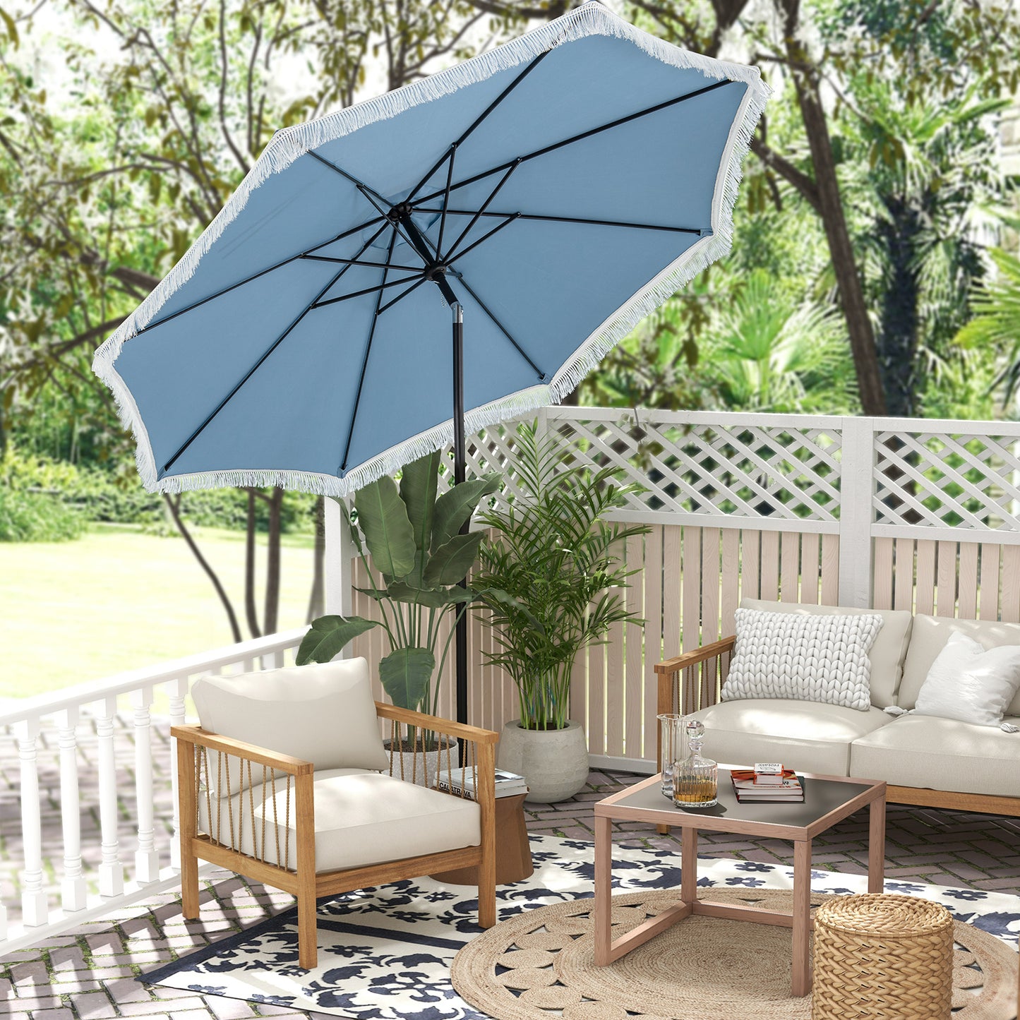 9 FT Patio Umbrella with Fringe Tassel Umbrella with Tilt and Crank-Navy