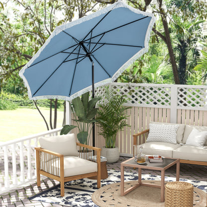 9 FT Patio Umbrella with Fringe Tassel Umbrella with Tilt and Crank-Navy