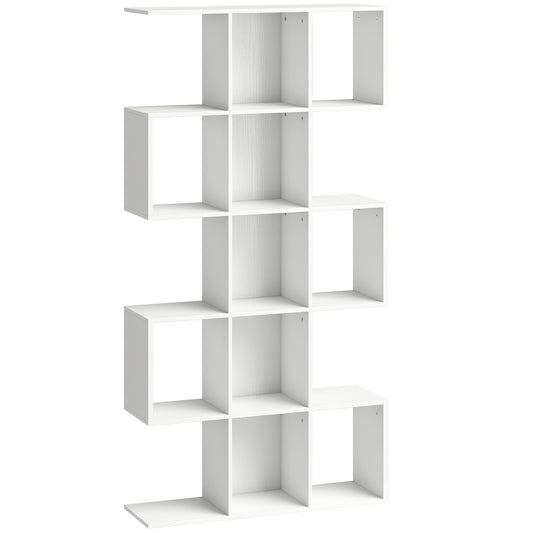 HOMCOM 5-Tier Bookshelf, S Shaped Geometric Bookcase with 15 Compartments, White Wood Effect
