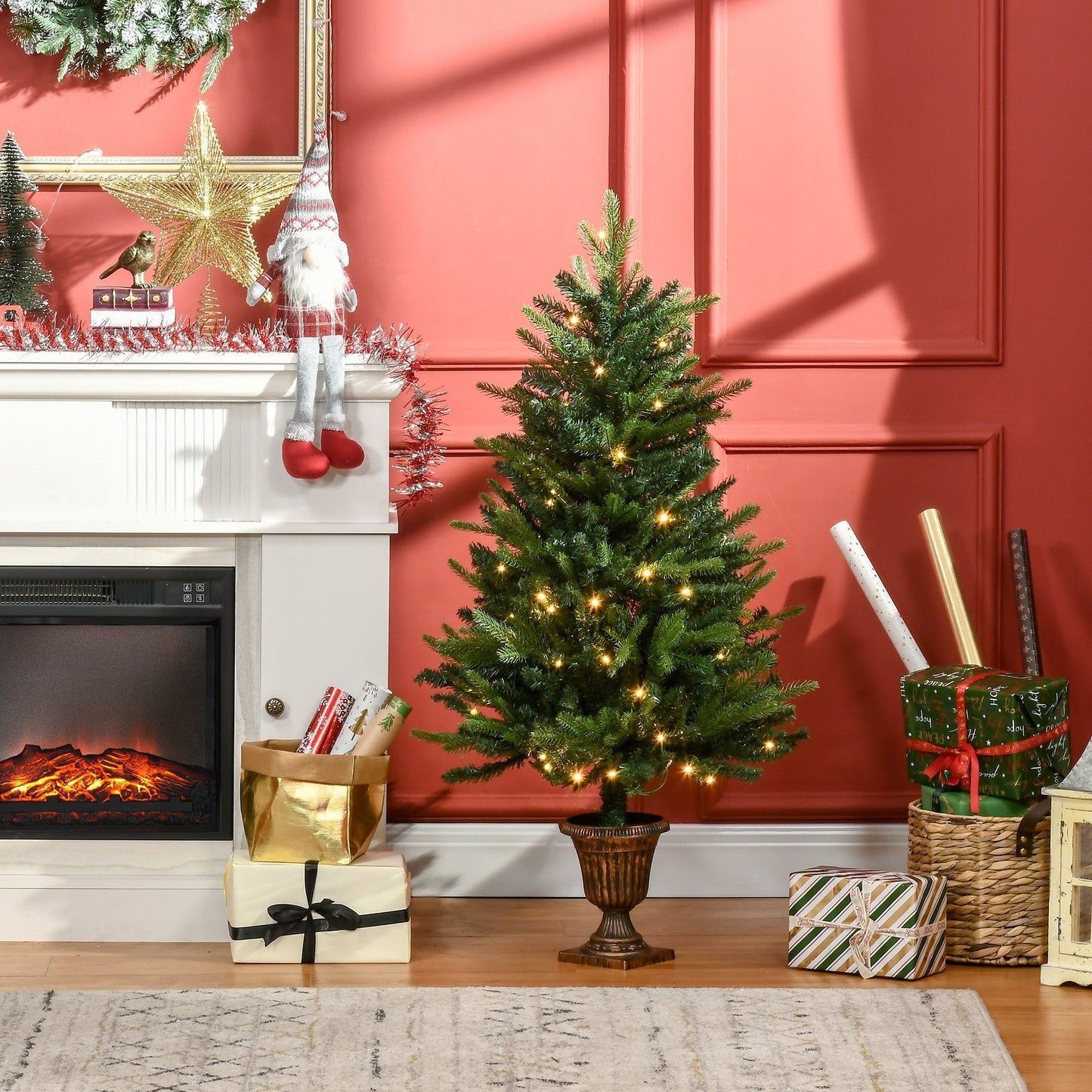 HOMCOM 1.2m 4ft Christmas Tree Entrance Decor 750 Tips Xmas Pre-lit Tree 80 LED with Vase Base