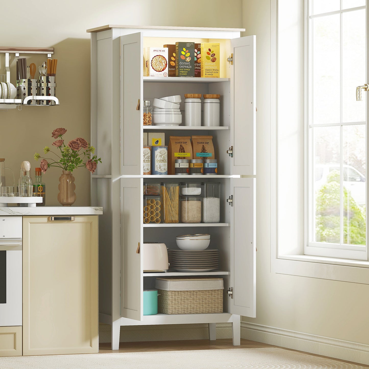 HOMCOM 176.5 cm Tall Pantry Cupboard with Motion Sensor LED Light - White