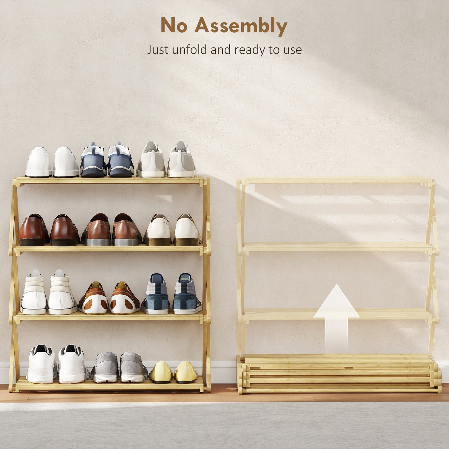 HOMCOM Four-Tier Folding Bamboo Shoe Rack - Natural Finish