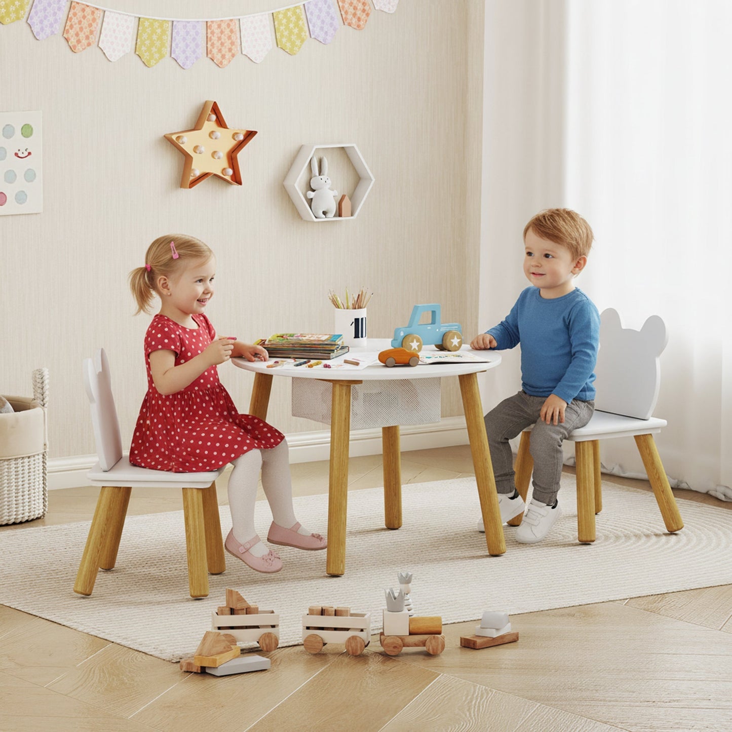 AIYAPLAY 3-Piece Kids Activity Table Set with Centre Mesh Bag, Bear-Shaped Backrest, for Arts and Crafts, Reading, White