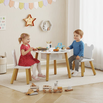 AIYAPLAY 3-Piece Kids Activity Table Set with Centre Mesh Bag, Bear-Shaped Backrest, for Arts and Crafts, Reading, White