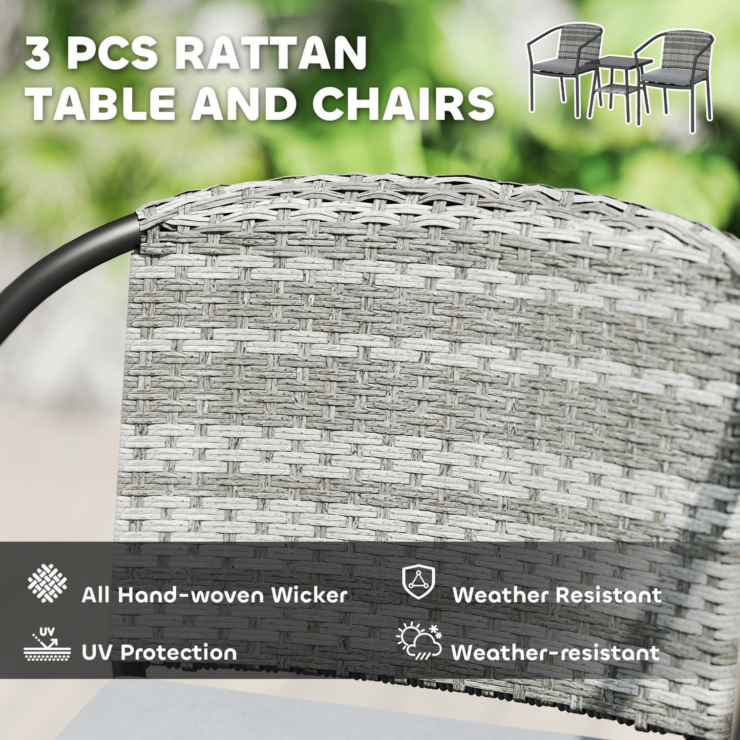 Outsunny 3 Pieces Rattan Bistro Set with Cushions, Wicker Garden Furniture Set, Glass Top Coffee Table and Chairs for Outdoor Patio, Balcony, Terrace and Conservatory, Grey