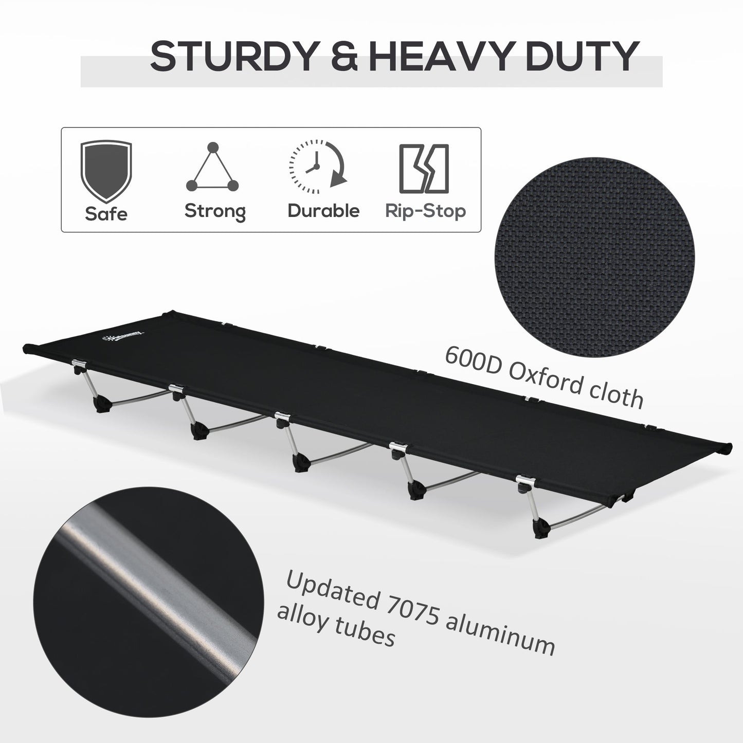 Outsunny Lightweight Camping Bed, Aluminium Portable Camp Cot w/ Strong Support 150kg and Carry Bag for Camping, Black