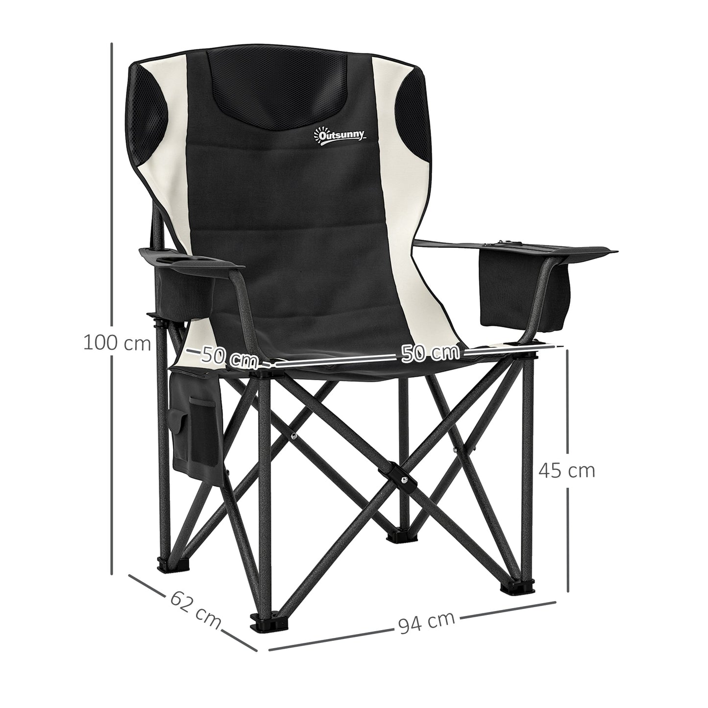 Outsunny Set of 2 Folding Camping Chairs, Padded Camping Chairs with Adjustable Armrests, Portable & Lightweight Folding Camp Chair with Cooler Bag, Cup Holder and Side Pockets, Black