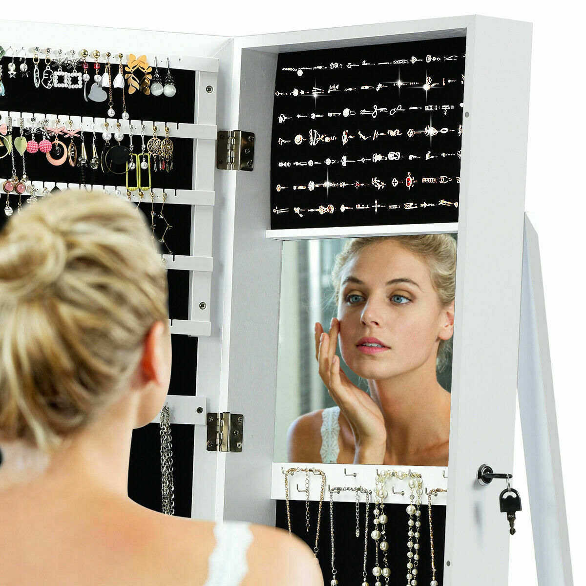 3-in-1 360° Swivel Mirrored Jewelry Armoire with Display Shelves-White