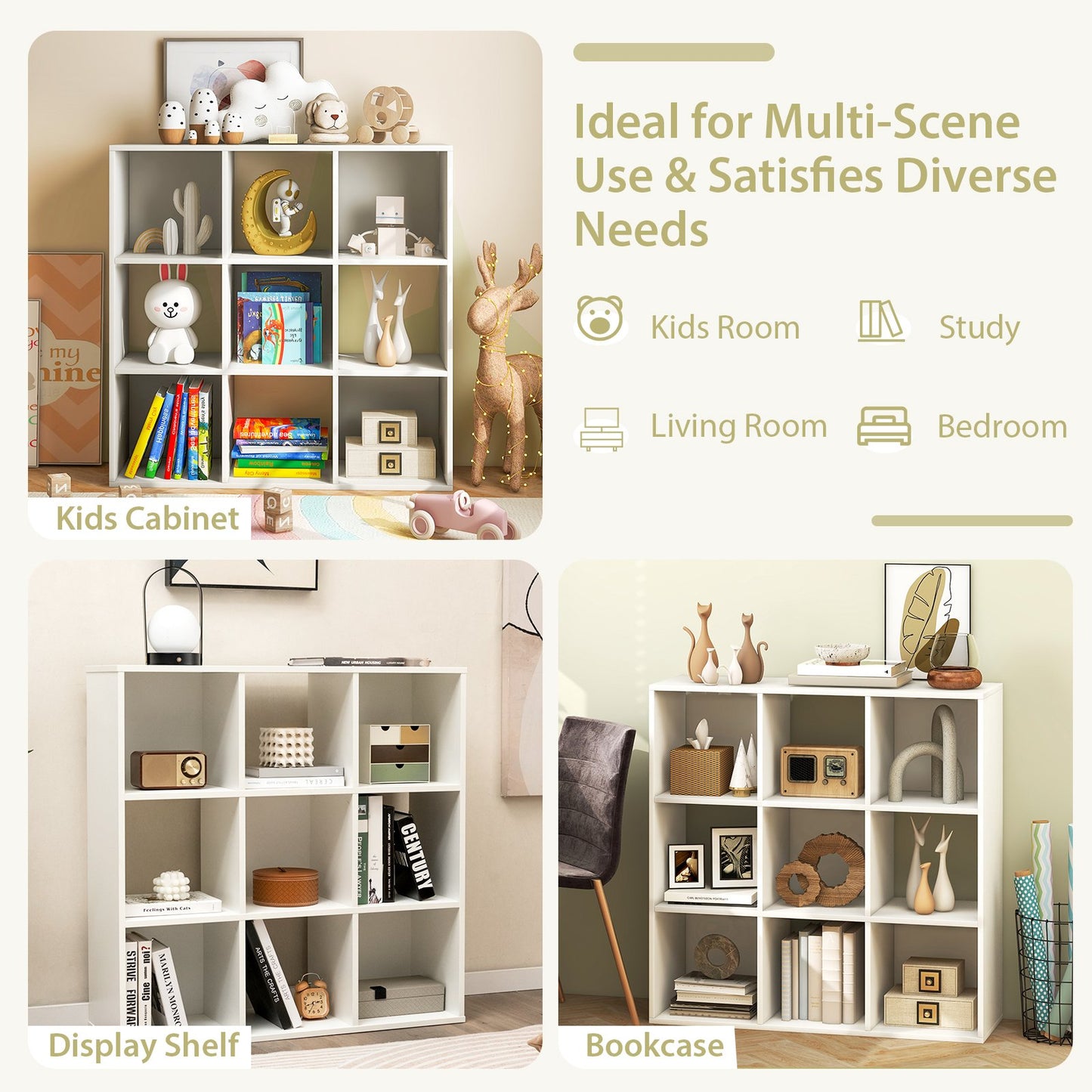 9-Cube Bookshelf with 2 Anti-Tipping Kits Playroom Living Room-White