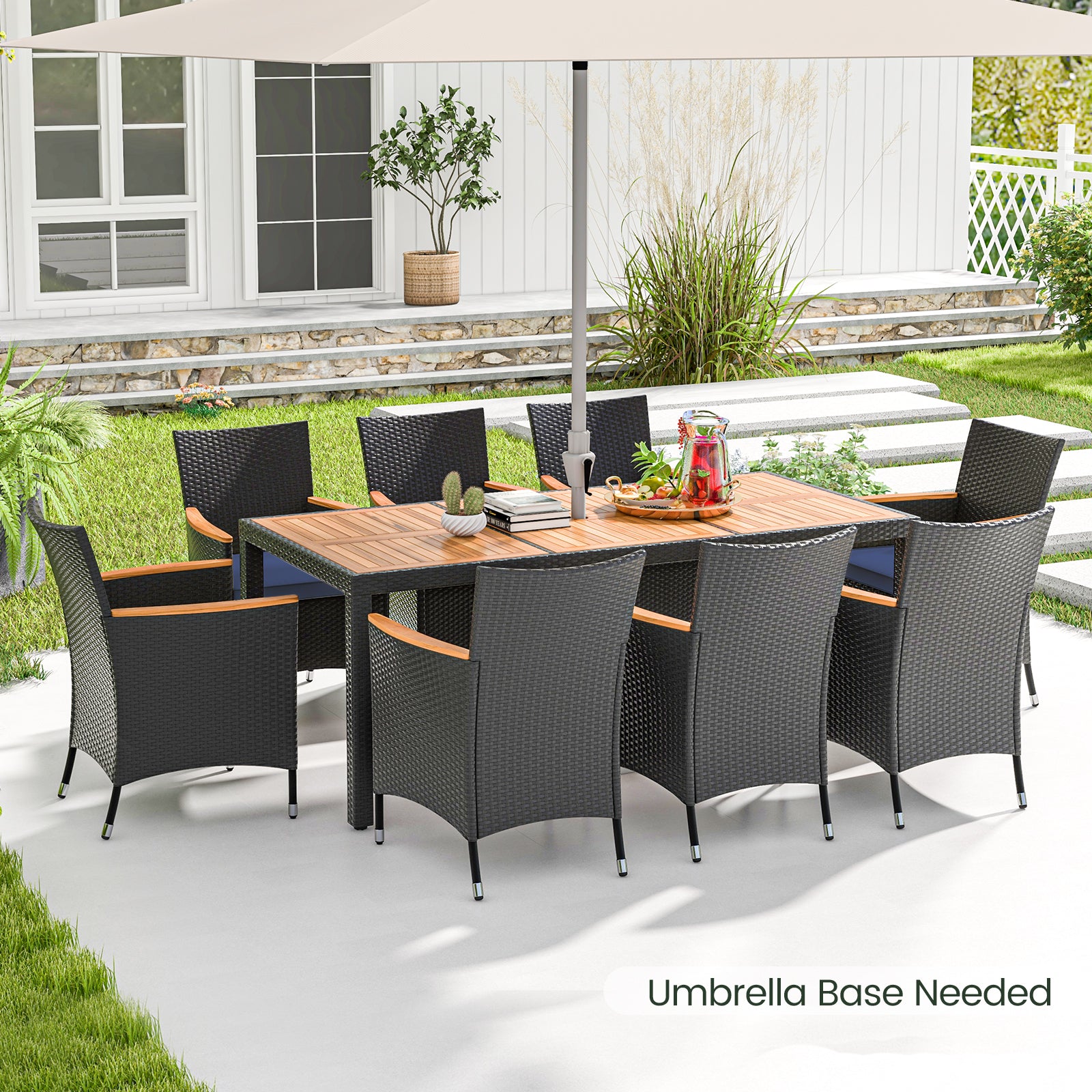 9 PCS Patio Dining Set for 8 Large Conversation Set with Umbrella Hole-Navy