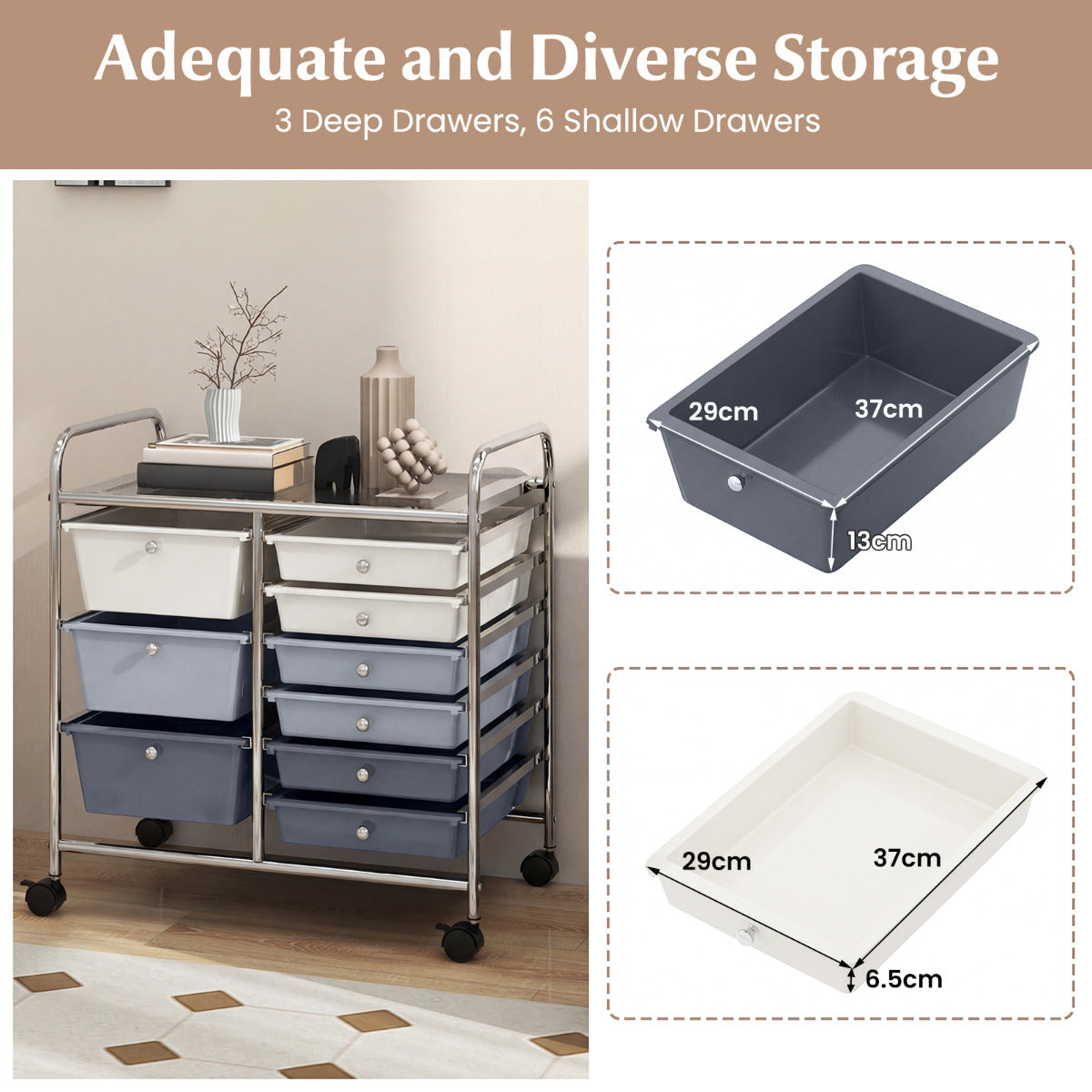 9-Drawer Rolling Storage Cart Tools Scrapbook Paper Organizer-Grey