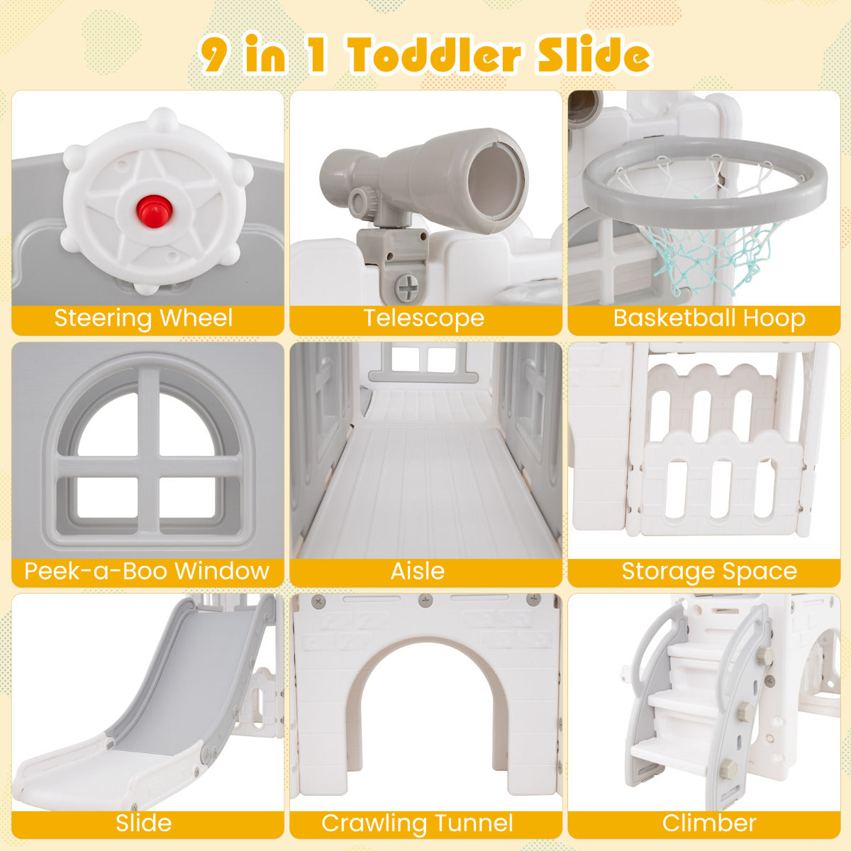 9 in 1 Toddler Slide L Shaped Kids Slide and Climber Playset with Basketball Hoop-Gray & White