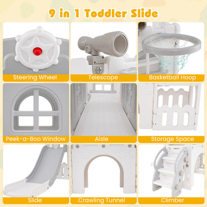 9 in 1 Toddler Slide L Shaped Kids Slide and Climber Playset with Basketball Hoop-Gray & White