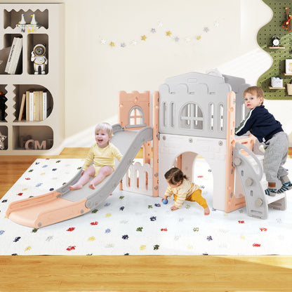 9 in 1 Toddler Slide L Shaped Kids Slide and Climber Playset with Basketball Hoop-Pink & Grey