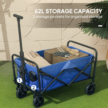 Outsunny 62L Festival Trolley on Wheels, Garden Folding Trolley Cart, 120kg Heavy Duty Collapsible Folding Wagon with Adjustable Handle and Carrying Bag for Beach, Camping, Festival, Blue