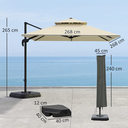 Outsunny 2.7 x 2.7 m Cantilever Parasol with Aluminium Frame, Crank and Tilt, 360-Degree Rotation, Double Top Garden Umbrella with Base and Cover, Khaki