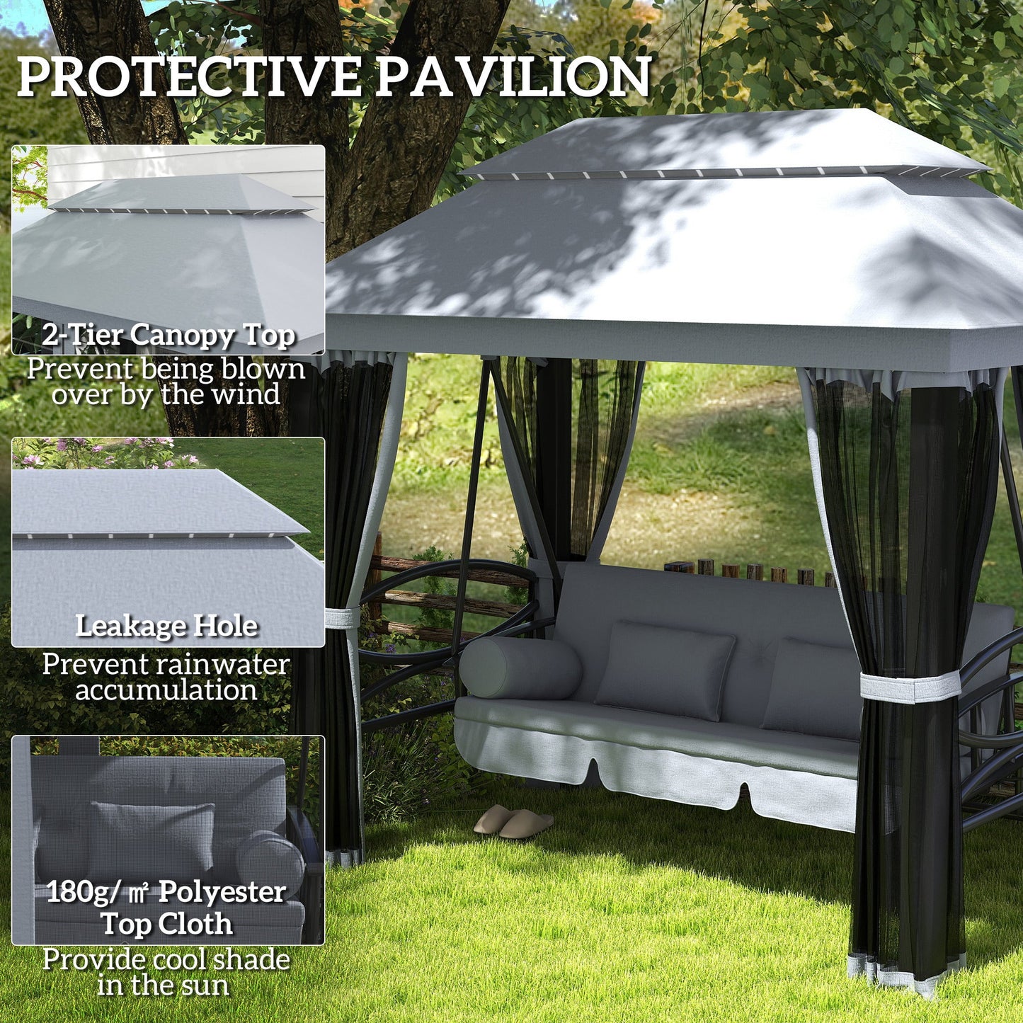 Outsunny 3 Seater Swing Chair Hammock Gazebo Lounger Cushioned Seat Waterproof Grey
