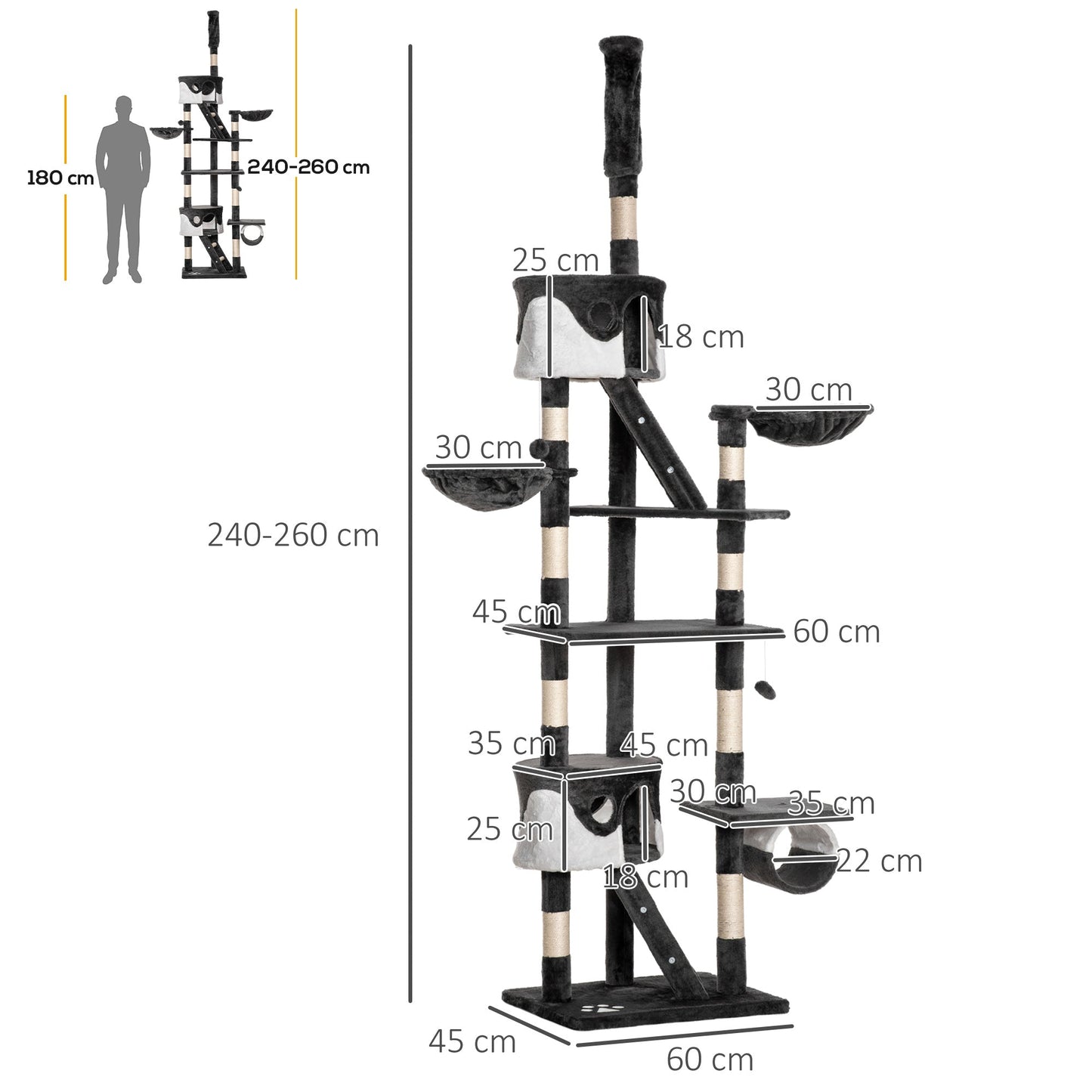 PawHut Floor-to-Ceiling Cat Tree for Indoor Cats, 240-260cm Adjustable Cat Tree - White