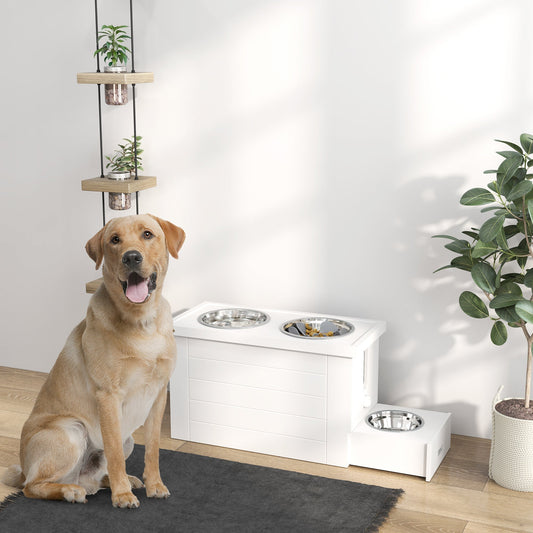 PawHut Raised Dog Bowls w/ Slow Feeder Mat, Storage Cabinet, Three Stainless Steel Bowls, Semi Auto Dispenser Function, White