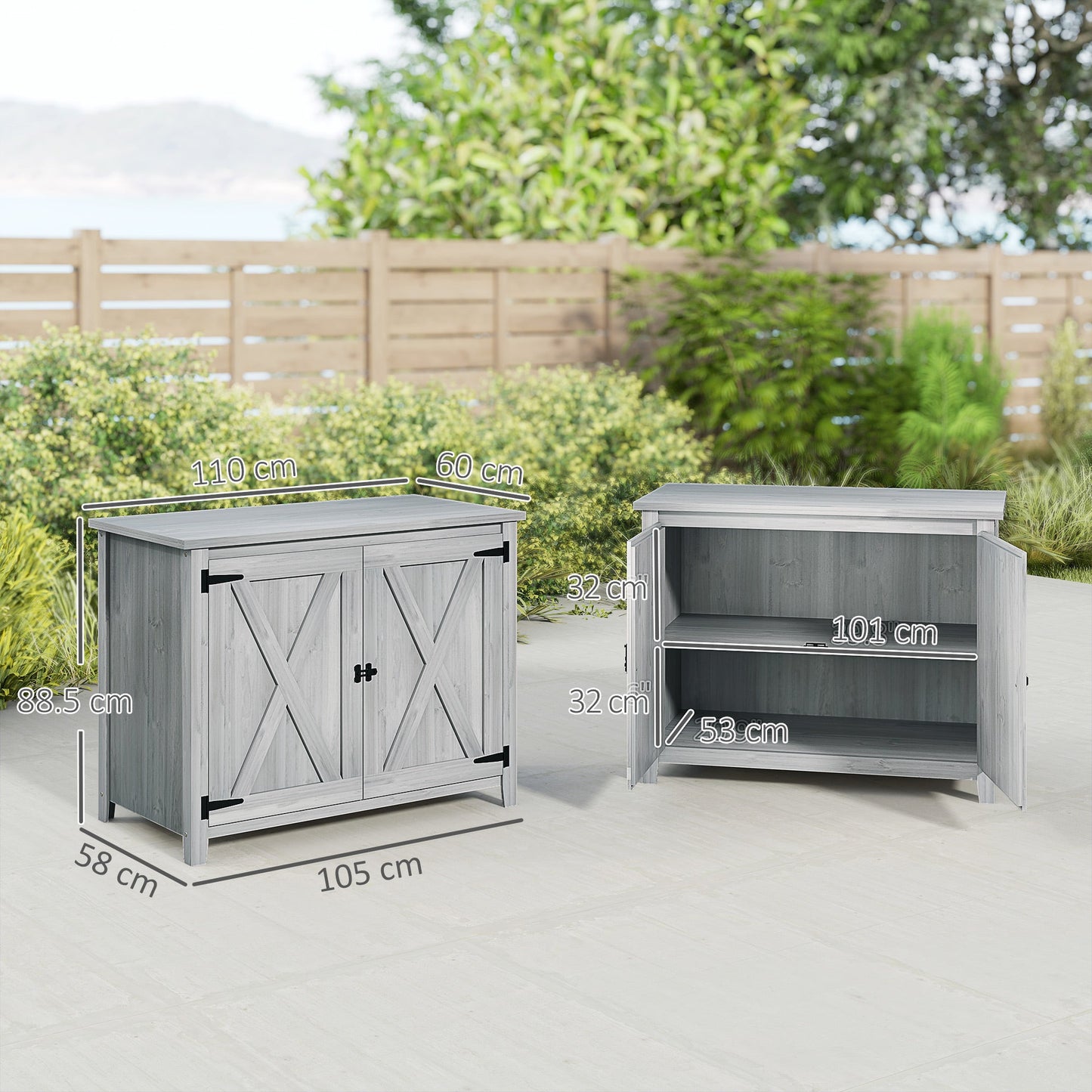 Outsunny Wooden Garden Shed, Outdoor Fir Wood Storage Shed with Shelf and Double Doors, Light Grey