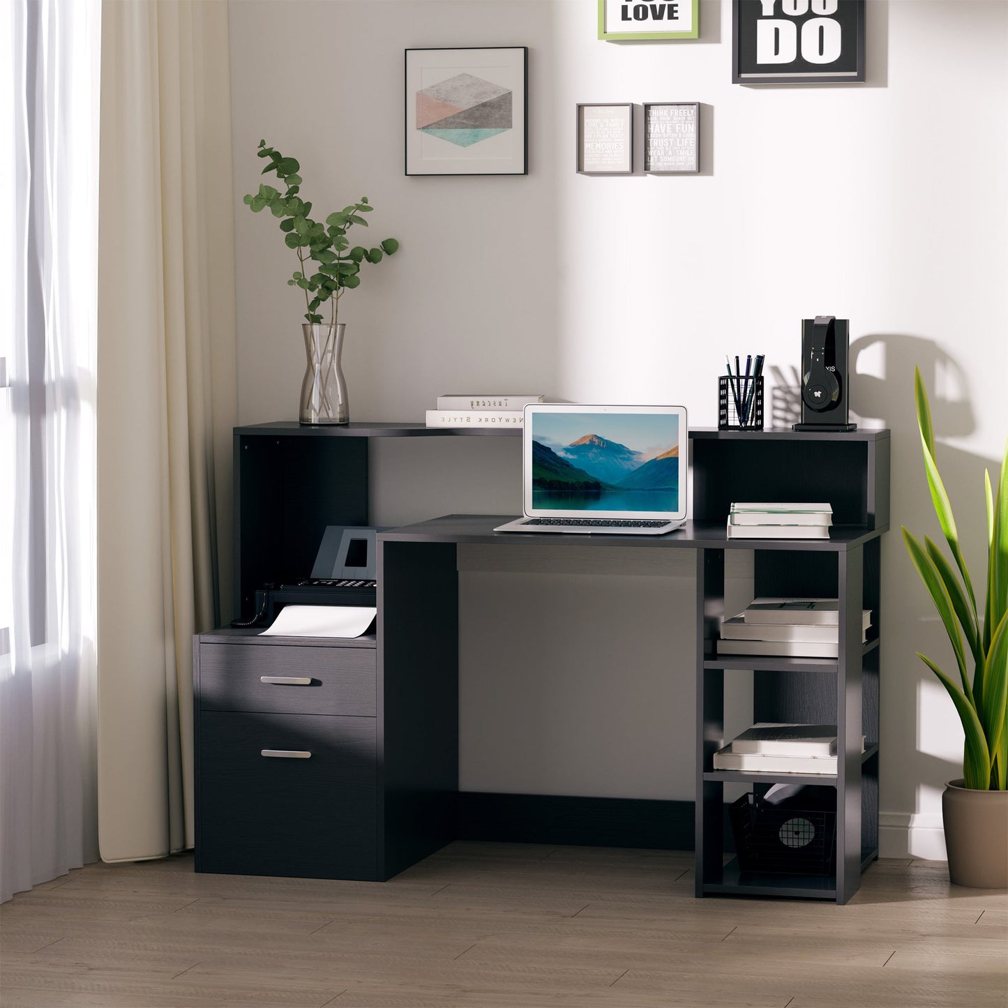 HOMCOM Computer Desk with Drawers and Storage Shelves, Office Desk Writing Table with Printer Stand, Large Workstation for Study Play Work Home Office, 137 x 55 x 92cm, Black