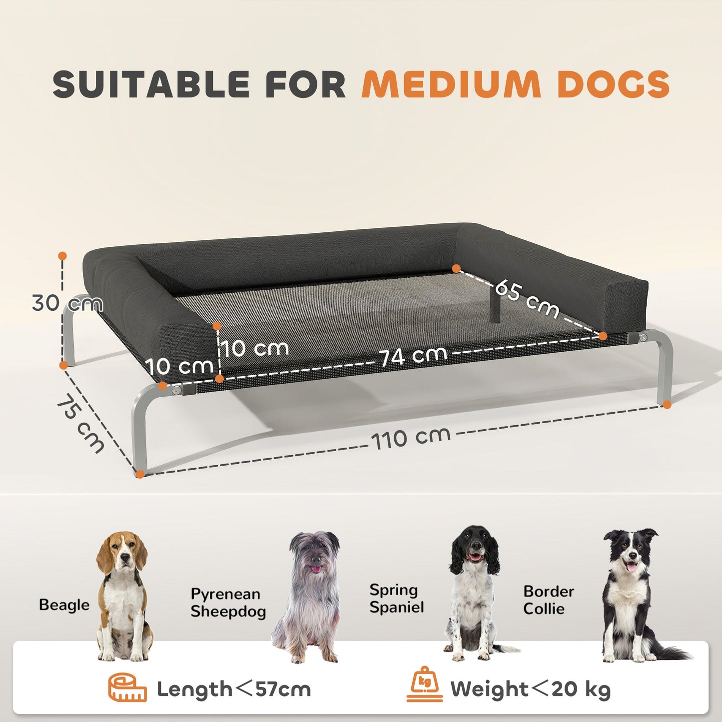 PawHut Elevated Dog Bed with Removable Bolsters, Raised Dog Bed for Medium Breeds, Portable Indoor & Outdoor Pet Cots, Black