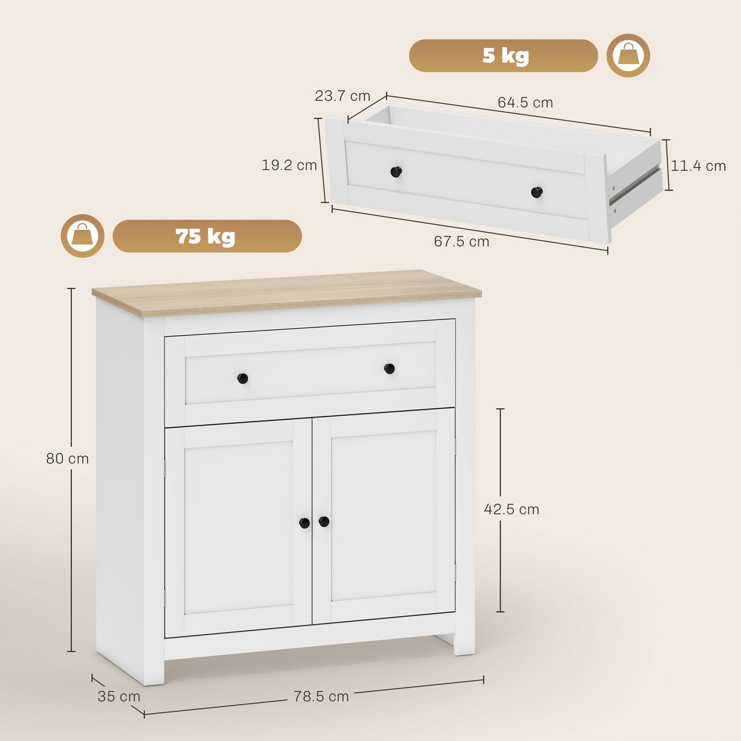 HOMCOM Sideboard Storage Cabinet, Morden Kitchen Cupboard with Adjustable Shelf, Drawer and Double Doors, Sideboard for Living Room, Dining Room, Hallway, White