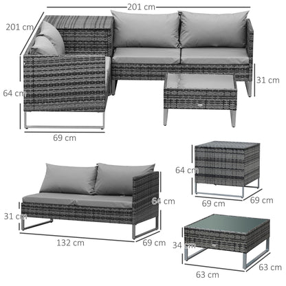 Outsunny 4pc Garden Rattan Wicker Outdoor Furniture Patio Corner Sofa Love Seat and Table Set  with Cushions Side Desk Storage, Mixed Grey