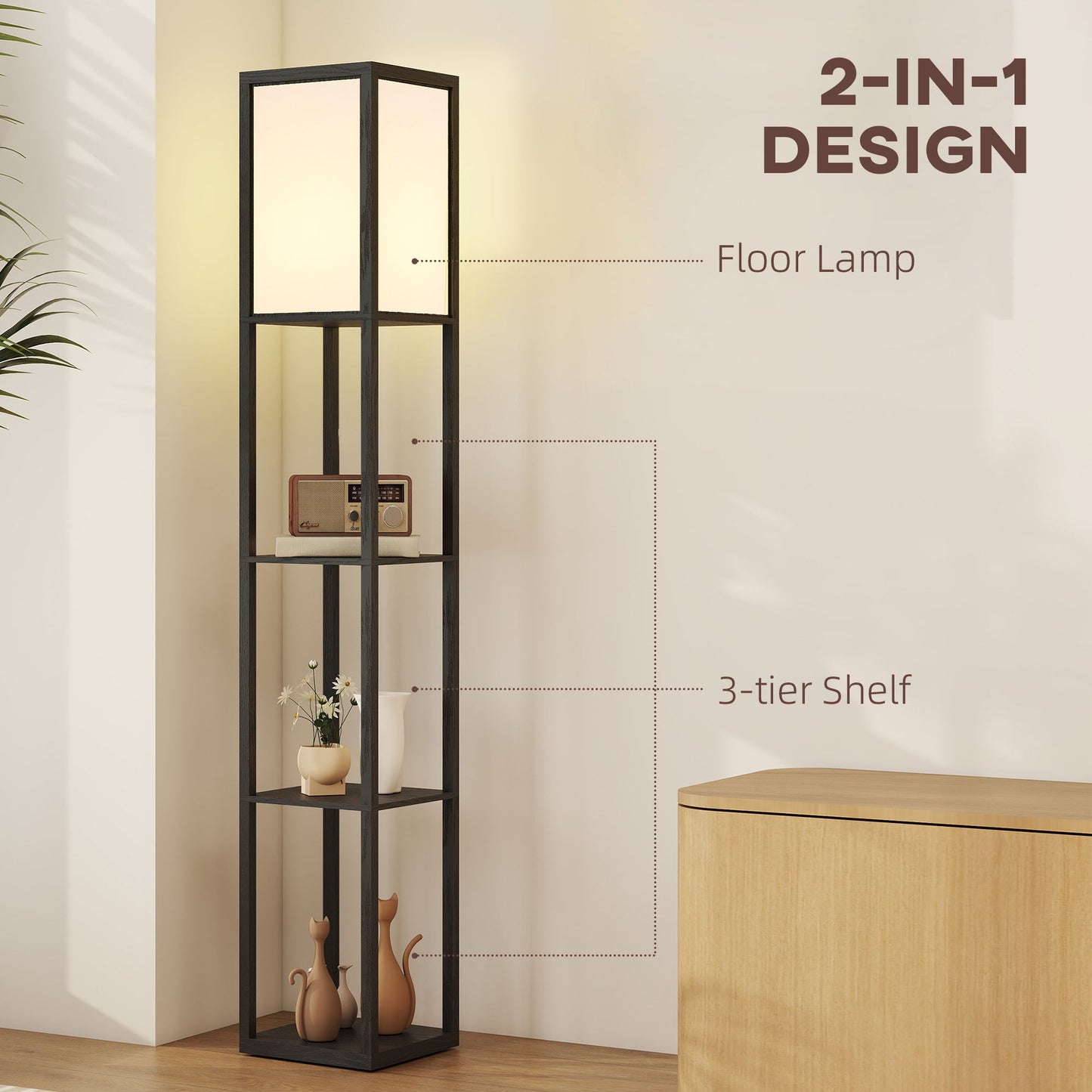 HOMCOM Floor Lamp with Shelves, 3 Layer Column Modern Standing Lamp for Living Room, Bedroom, Office, Bulb not Included, Black