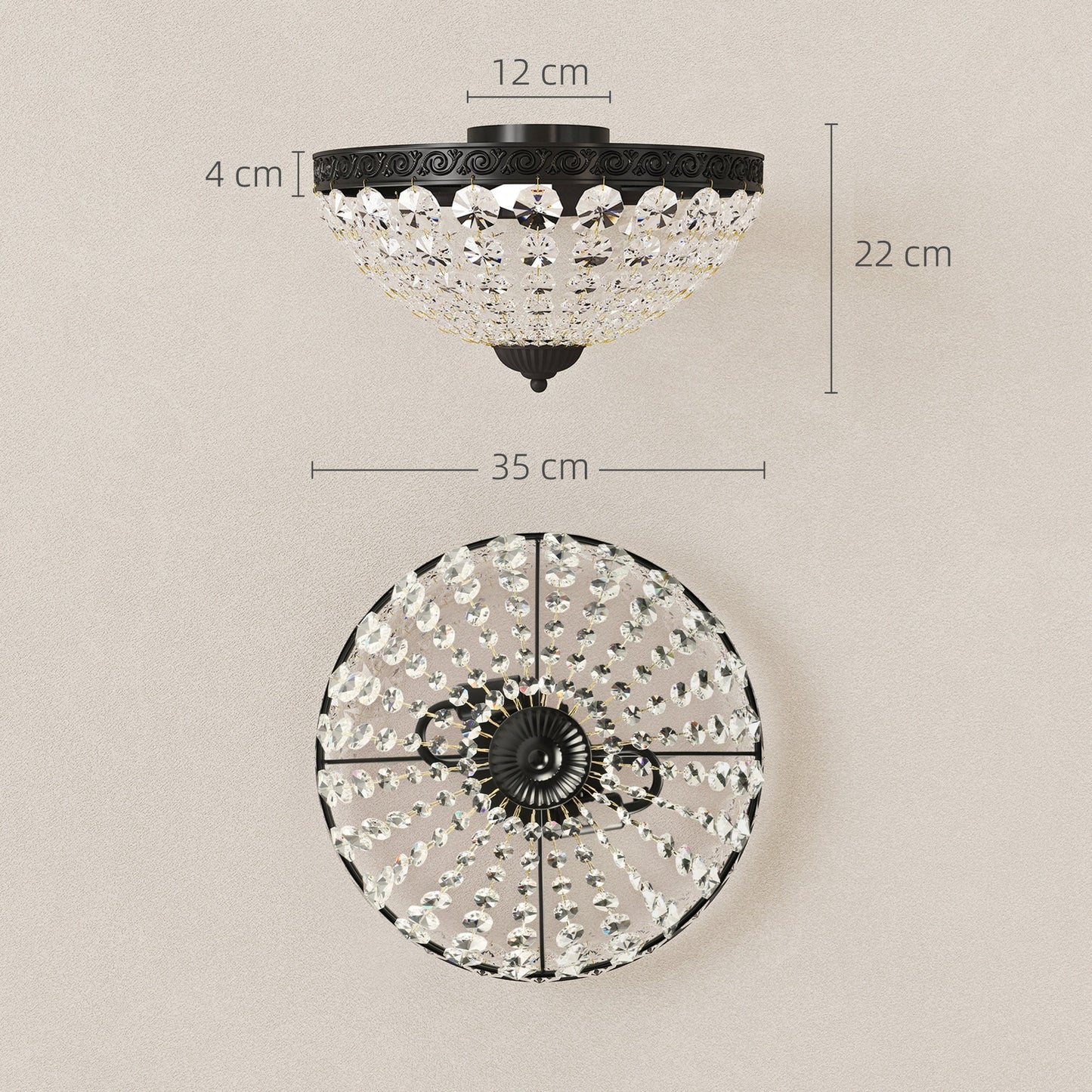 HOMCOM Crystal Chandelier Ceiling Light with 168 Octagonal Beads, Vintage 2-Light Flush Mount Ceiling Light for Living Room, Bedroom, Hallway, Dining Room, Black