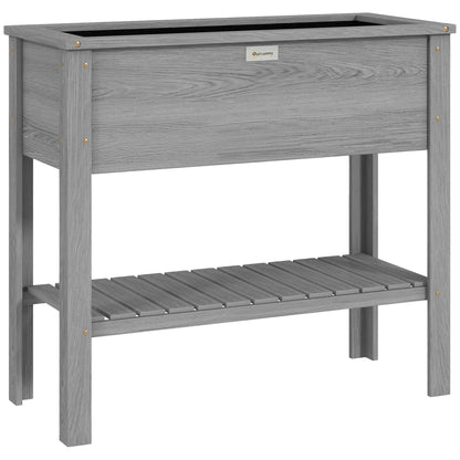 Outsunny Wooden Raised Garden Bed, Elevated Planter Box with Storage Shelf and Drainage Holes, Raised Planter with Legs, Grey