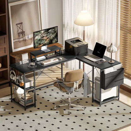 HOMCOM 168cm Reversible L Shaped Desk, Industrial Corner Computer Desk with Adjustable Shelf and Storage Bag, 240cm 2 Person PC Table with Monitor Stand, Black