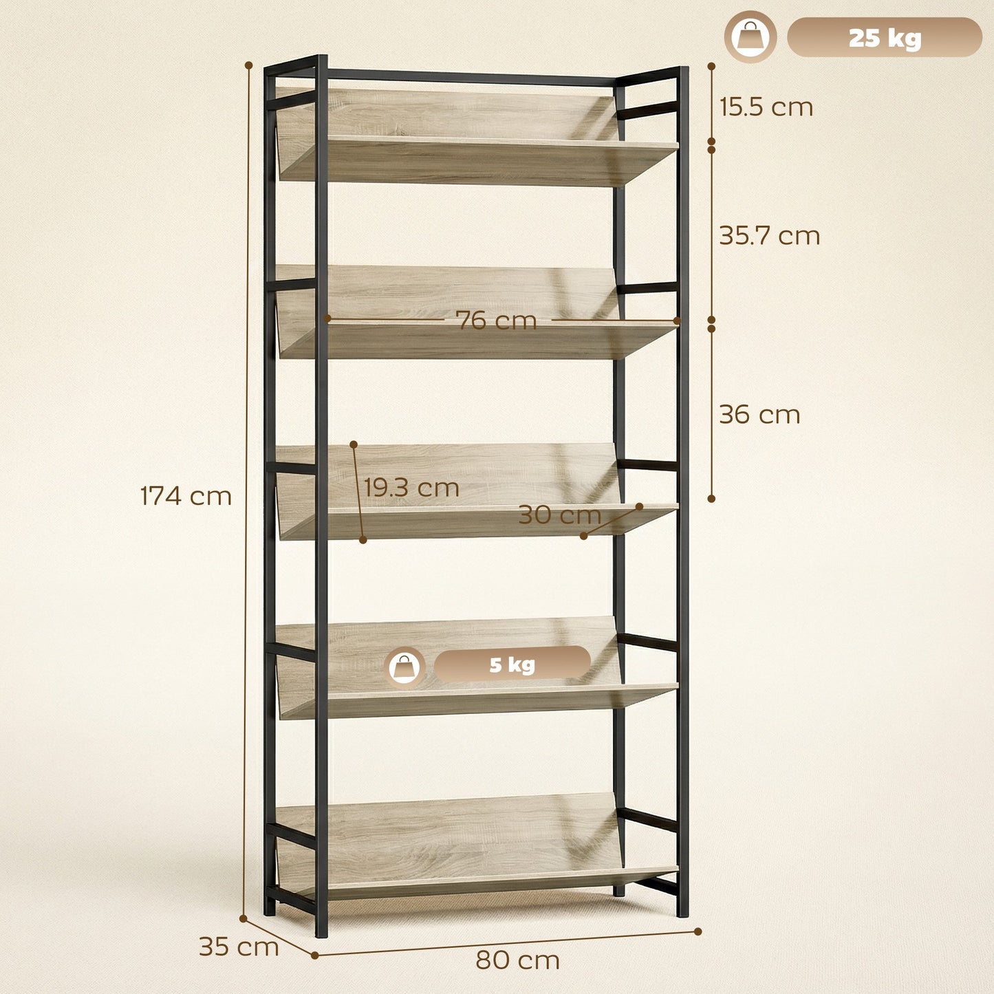 HOMCOM Bookshelf 5-Tier Metal Frame Room Divider Bookcase Storage Shelves for Living Room Oak