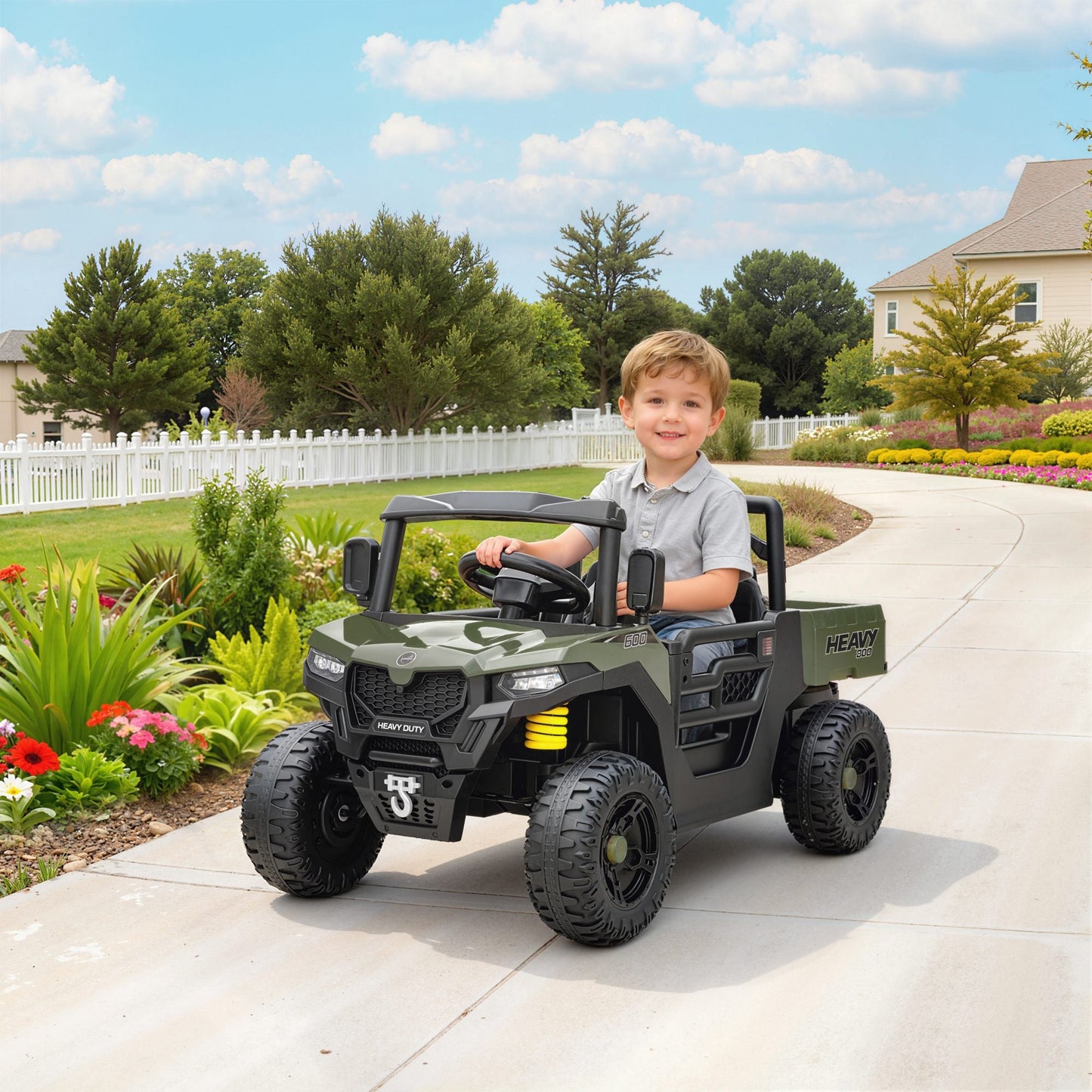 AIYAPLAY Kids Ride on Car, 12V Electric Kids UTV with Electric Dump Bed, 4-Wheel Suspension for 3-8 Years, Green