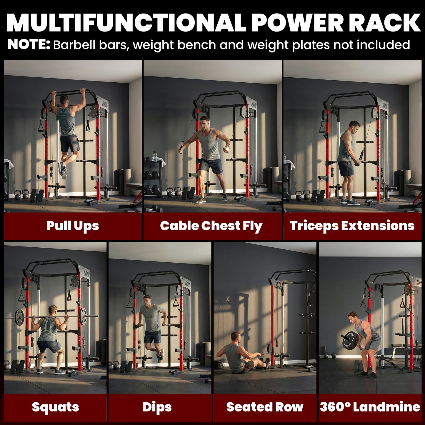 SPORTNOW Power Cage Smith Machine, Power Rack with Adjustable Cable Pulley System, Pull-Up Bar, Dip Station, Landmine