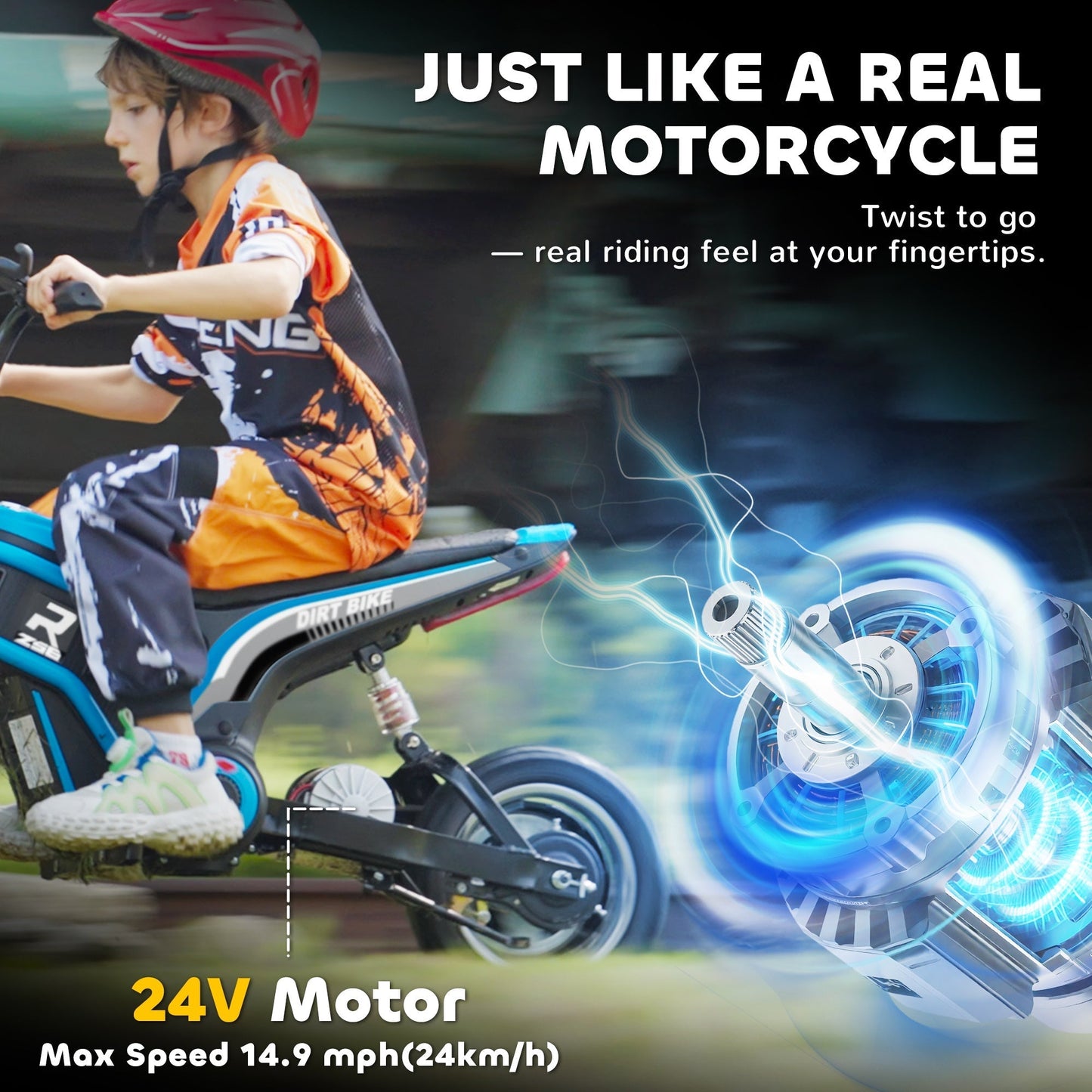 HOMCOM 24V Electric Motorbike with Twist Grip Throttle, Music, Horn, 12" Pneumatic Tyres, 16km/h Max Speed - Blue