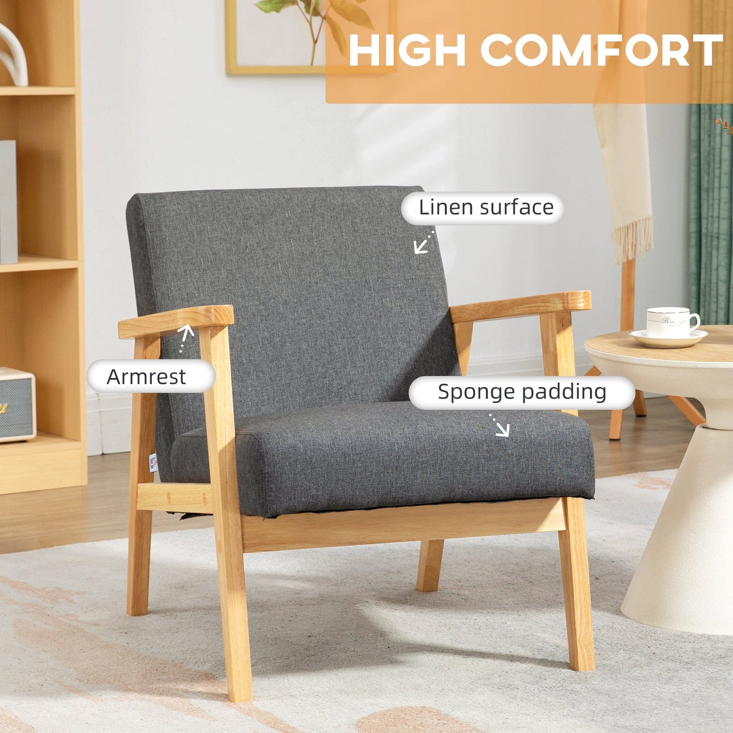 HOMCOM Set of 2 Accent Armchair, Living Room Chair, Wooden Upholstered Single Lounge Chair with Rubber Wood Legs and Padded Seat, Leisure Sofa Chair for Bedroom Office, Dark Grey