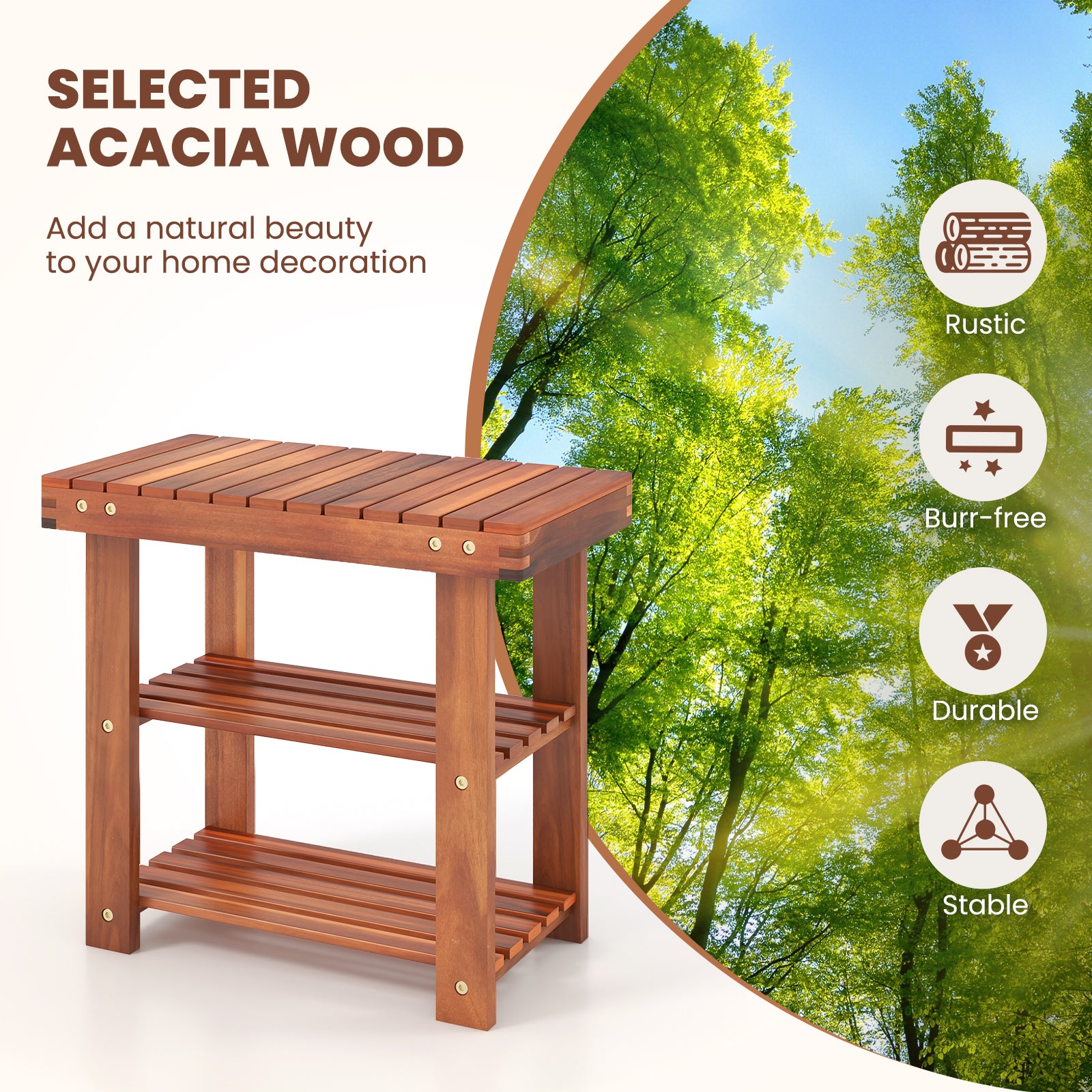 Acacia Wood Shoe Rack Bench 3-Tier Shoe Organizer Storage Shelf-S