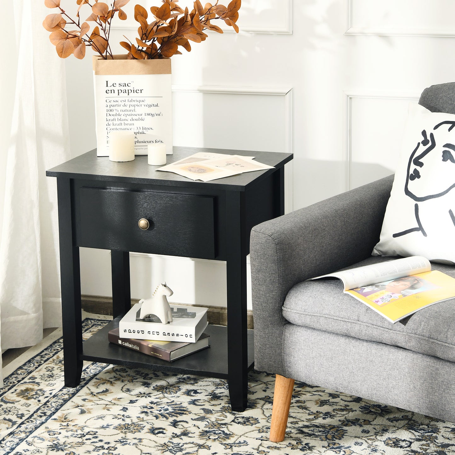Accent Table Narrow Side End Table with 1 Drawer and Open Storage Shelf-Black