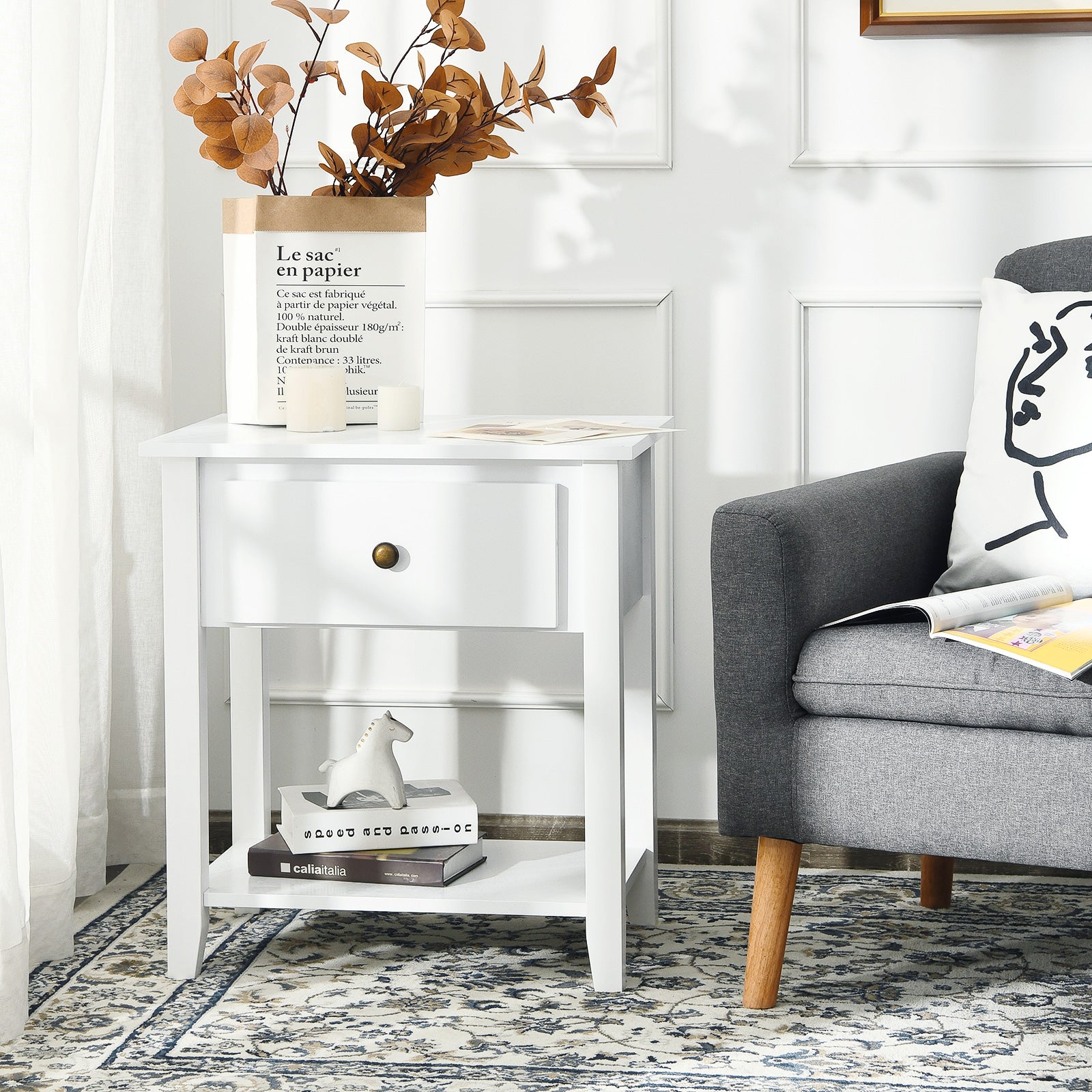 Accent Table Narrow Side End Table with 1 Drawer and Open Storage Shelf-White
