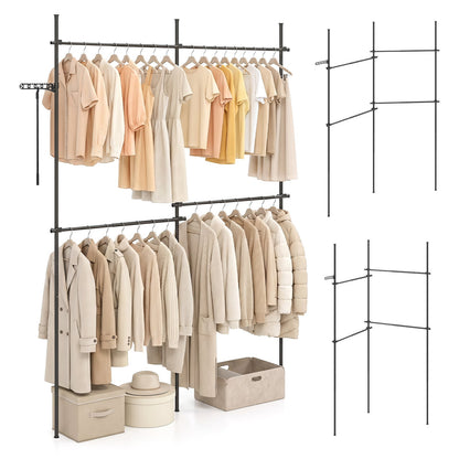 Adjustable Floor to Ceiling Clothes Rack with 2 Hanging Rods Folding Drying Rack and Reacher Pole-Black