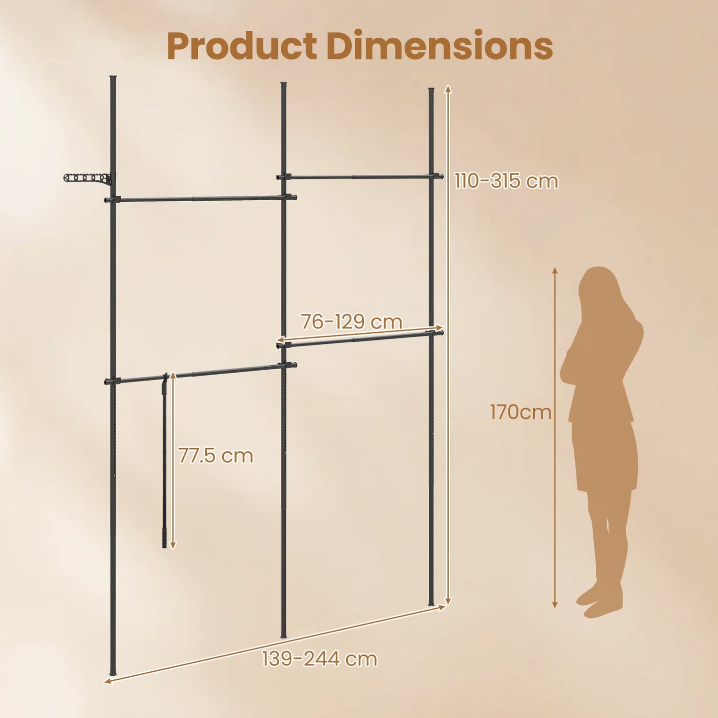 Adjustable Floor to Ceiling Clothes Rack with 2 Hanging Rods Folding Drying Rack and Reacher Pole-Black